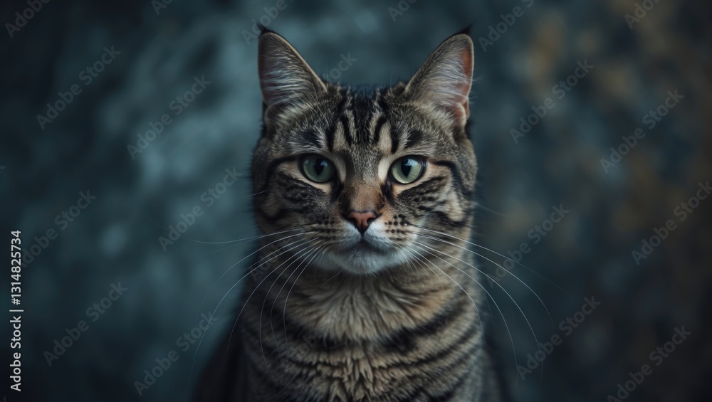 Fototapeta premium Tabby cat close-up frontal portrait against a background, with selected focus and very narrow depth of field.