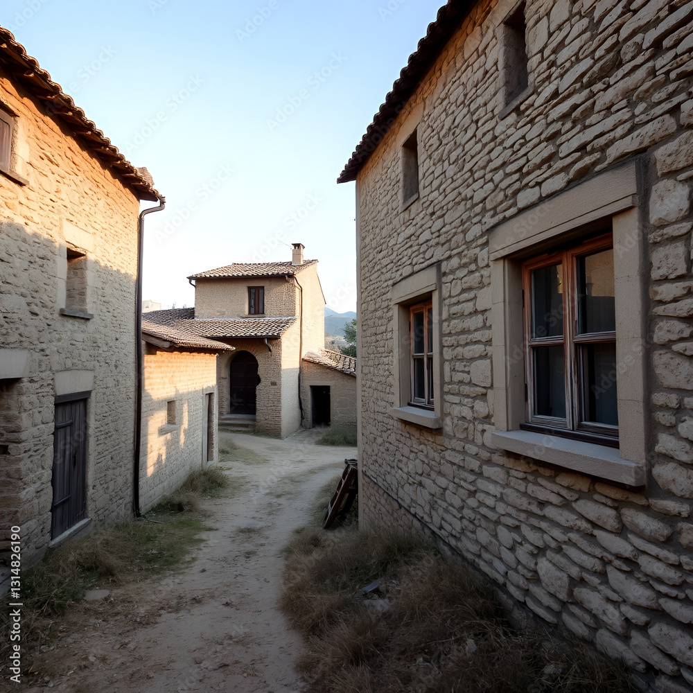 Naklejka premium A desolate view of abandoned stone houses with wooden doors and windows in a rural village in Salamanca, reflecting rural depopulation.