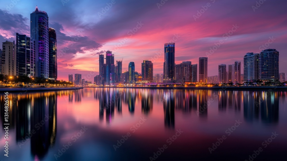 Fototapeta premium award-winning travel destination concept Vibrant city skyline reflecting in water at sunset with colorful clouds.
