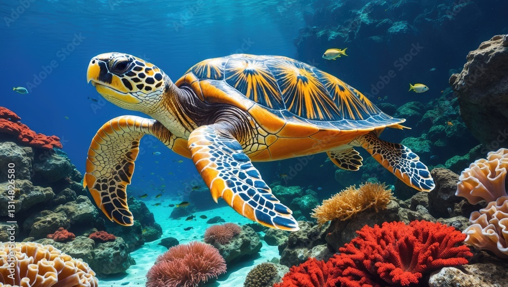 Fototapeta premium Diving with Sea Turtle, Positive Interaction While Understanding How to Act Around