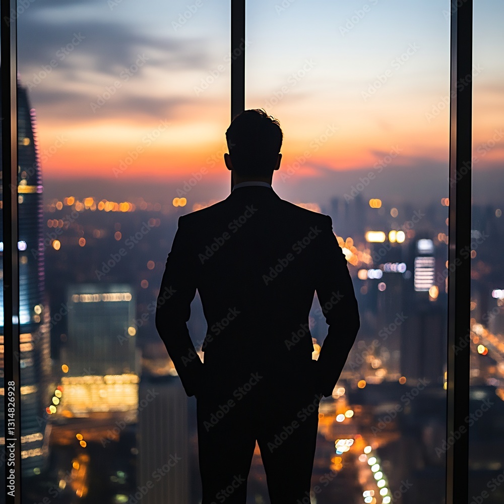 Fototapeta premium business leader silhouette by office window with illuminated city skyline
