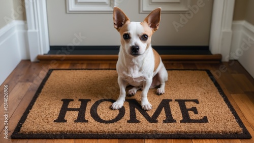 dog greeting at home entrance on brown mat