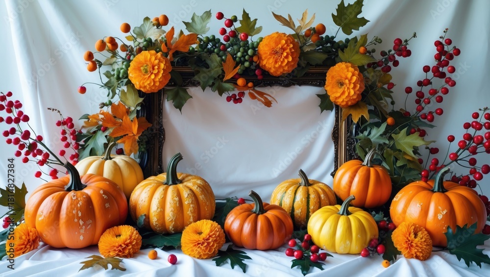 A white backdrop featuring an isolated autumn frame arrangement. Anime-style collection of ripe ornamental pumpkins, leaves, berries, and marigold flowers. A white backdrop featuring an isolated autumn frame arrangement. Anime-style collection of ripe ornamental pumpkins, leaves, berries, and marigold flowers.