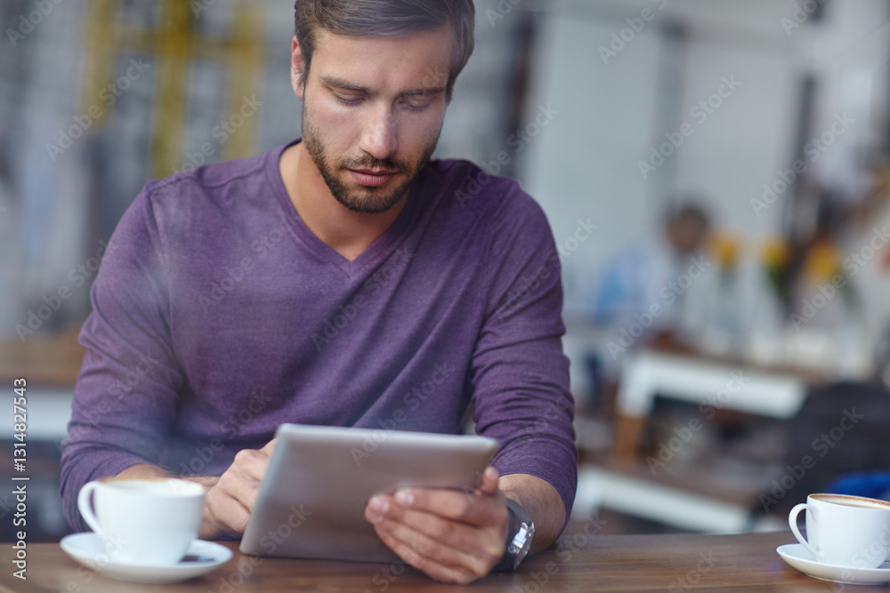 Cafe, coffee and man with tablet for freelancer, reading blog or connection glitch for information. Restaurant, solution and journalist with digital for news application, website error or remote work Cafe, coffee and man with tablet for freelancer, reading blog or connection glitch for information. Restaurant, solution and journalist with digital for news application, website error or remote work