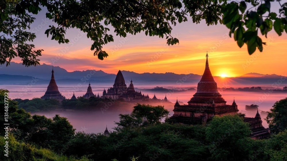 award-winning travel destination concept Serene sunrise over ancient temples surrounded by lush greenery and misty landscapes. award-winning travel destination concept Serene sunrise over ancient temples surrounded by lush greenery and misty landscapes.