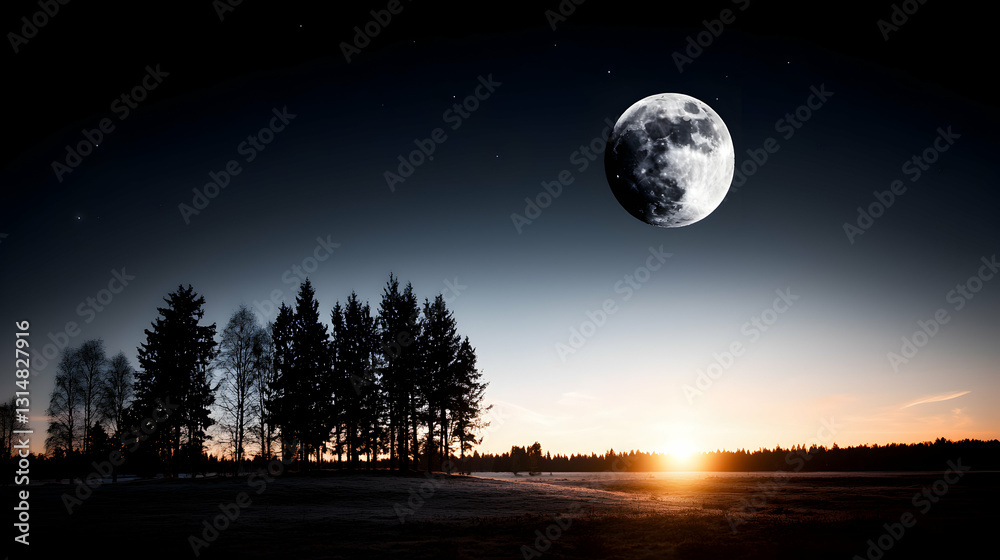 The radiant full moon illuminating a forested landscape at twilight The radiant full moon illuminating a forested landscape at twilight