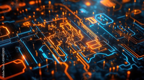 Abstract Circuit Board: A Symphony of Orange and Blue