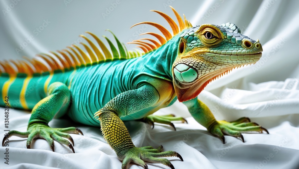 Obraz premium Detail of a vibrant iguana against a white background.