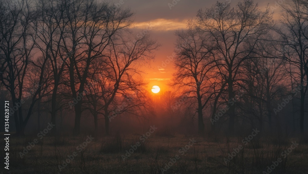 sun setting behind bare trees sun setting behind bare trees