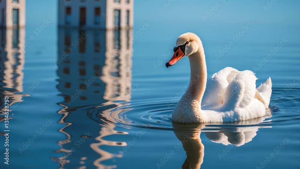 Obraz premium Swan gliding on a lake or pond, with the reflection of the building and blue sky. Water reflection. Shallow depth of field.