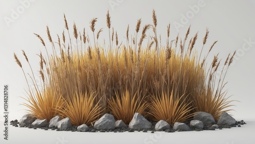 Desert scene cutout featuring dry plants and rocks set against a background banner, 3D illustration.
