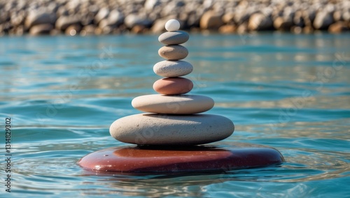 Symbolic arrangement of stones against a sea backdrop. Concept of harmony and balance.