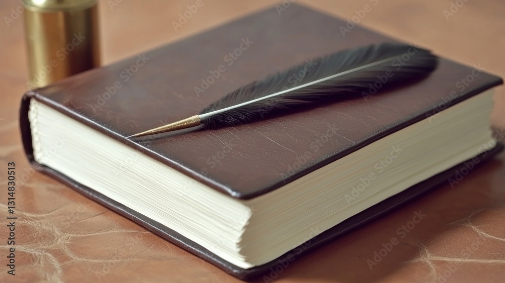 Naklejka premium Dark Leather-bound Book with Quill, Journal, Writing