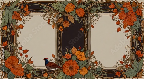 create a minimalistic frame in the art nouveau style using pheasants, leaves,
