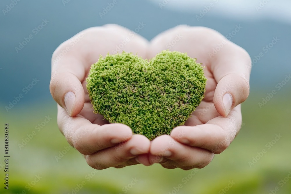 Pair of hands gently holding a green heart shaped moss symbolizing environmental protection sustainability and human connection to nature Pair of hands gently holding a green heart shaped moss symbolizing environmental protection sustainability and human connection to nature