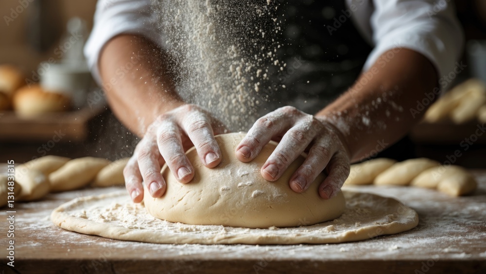 Cinematic close up of a professional artisan baker sprinkling flour dust powder on a freshly prepared loaf of dough for the making of pasta, pizza, and other pastries in a rustic bakery kitchen. Cinematic close up of a professional artisan baker sprinkling flour dust powder on a freshly prepared loaf of dough for the making of pasta, pizza, and other pastries in a rustic bakery kitchen.