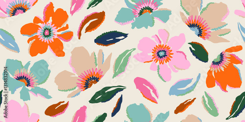 Exotic hand drawn flowers, seamless patterns with floral for fabric, textiles, clothing, wrapping paper, cover, banner, home decor, abstract backgrounds.