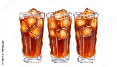 Three Glasses of Iced Cola Watercolor Illustration