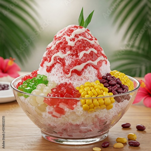 Ais Kacang (ABC), a colorful Malaysian dessert made of shaved ice, beans and colored jelly photo
