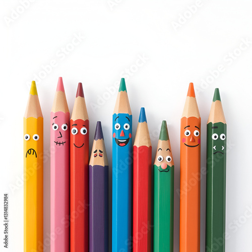 Colorful wooden pencils with expressive faces display various emotions in the copy space image