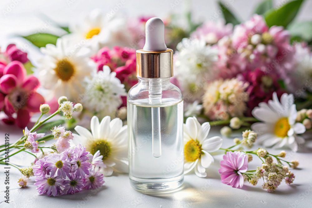 Aromatherapy Elixir: An elegant glass bottle with dropper sits amidst a vibrant array of flowers, showcasing the essence of natural skincare and wellness. Aromatherapy Elixir: An elegant glass bottle with dropper sits amidst a vibrant array of flowers, showcasing the essence of natural skincare and wellness.