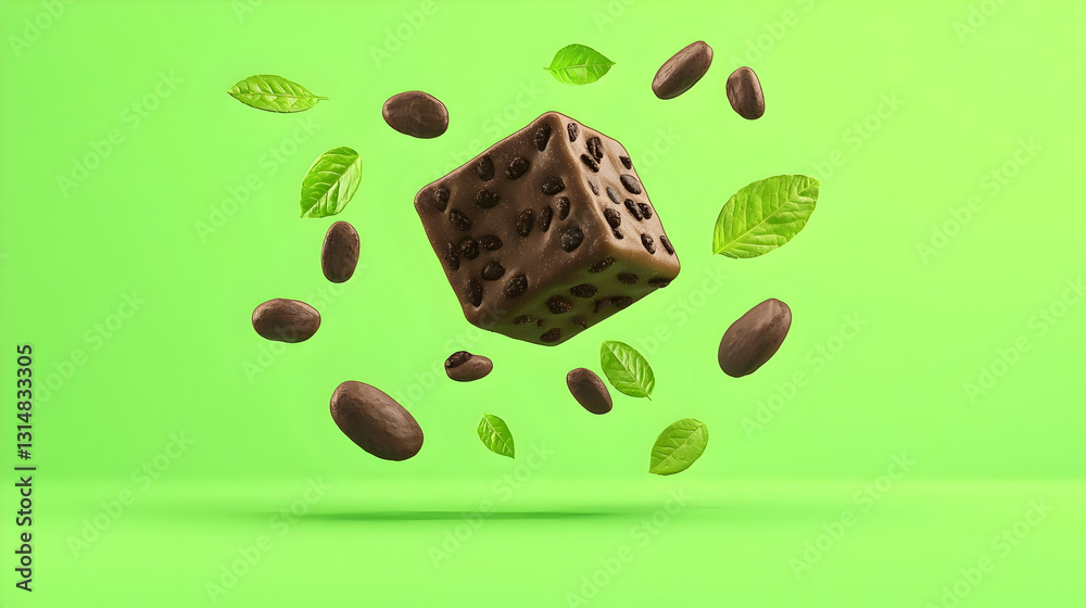 Fototapeta premium Chocolate Cube with Coffee Beans and Green Leaves on Bright Background