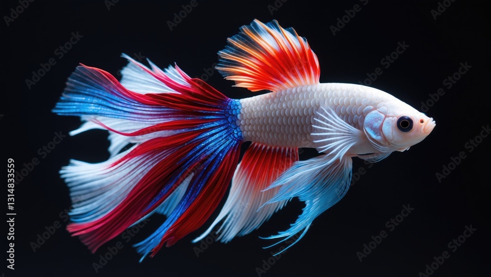 Fototapeta premium Siamese Fighting fish, colorful betta, Fish set against a black background. The movement of the fish shifting its head in different directions while swimming. Stunning colors.