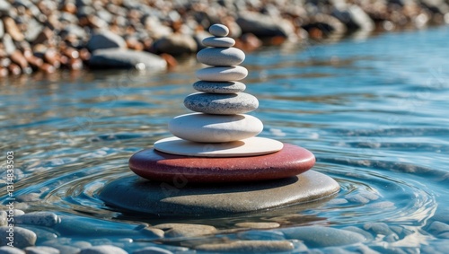 Symbolic scale of stones set against a sea background. Concept of balance and harmony.