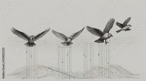 Conceptual bird flight and growing dot and line chart in minimalist linear