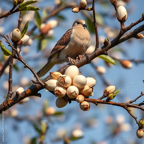 Almond tree branches with a cluster of eggs and a turtledove sitting above them, branch, egg, cluster