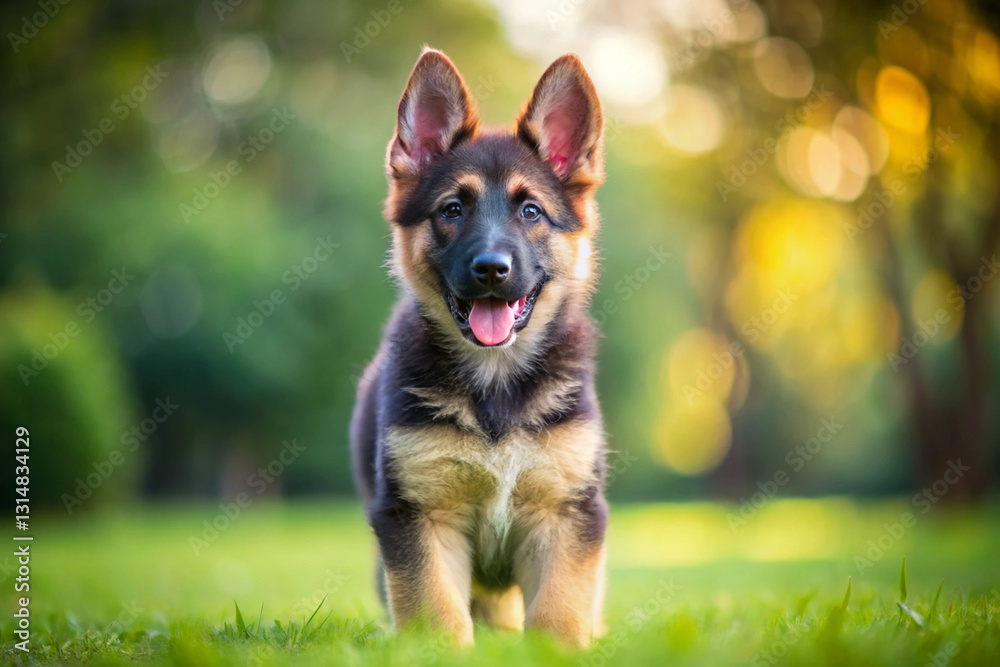 German Shepherd puppy: A cute German Shepherd puppy with alert ears and a happy expression stands in a green field, framed by soft bokeh lights in a sunny outdoor scene. German Shepherd puppy: A cute German Shepherd puppy with alert ears and a happy expression stands in a green field, framed by soft bokeh lights in a sunny outdoor scene.