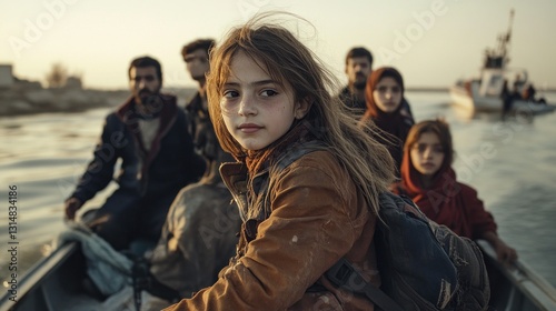 Young Girl in a Boat with Refugees on a Calm River at Dusk