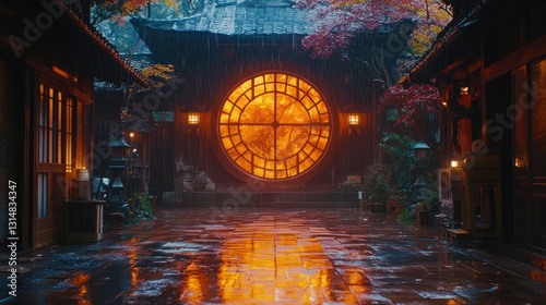 Rainy Japanese Courtyard, Circular Window photo