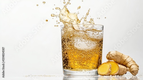 Ginger Ale Splash Refreshing Bubbles with Fresh Ginger Root on White