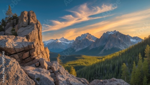 The autumn sun sets over the mountains.