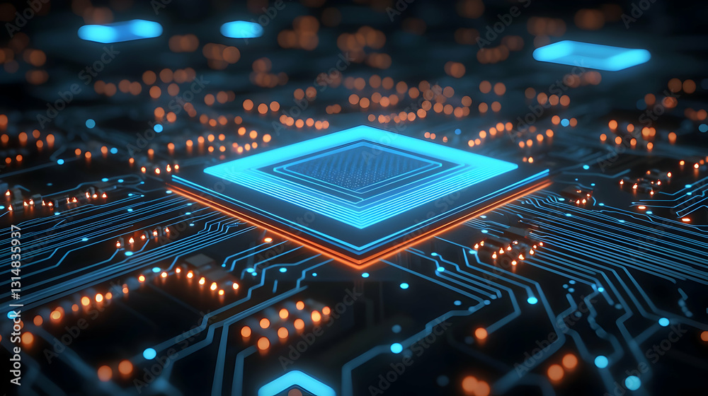 A Futuristic Microchip CPU Glowing Blue And Orange On A Dark Circuit Board In A 3D Rendered Technological Landscape A Futuristic Microchip CPU Glowing Blue And Orange On A Dark Circuit Board In A 3D Rendered Technological Landscape