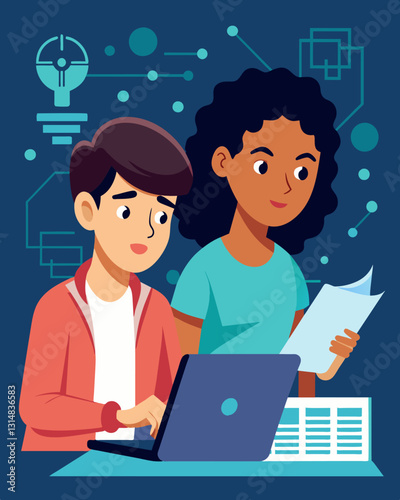 Two teenagers pouring over a research paper on the potential impact of quantum computing on encryption and data security.. Vector illustration