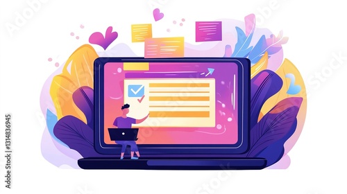 Online assessment and survey concept. A person interacts with virtual checklist on laptop, symbolizing online assessments, surveys, exams, or quizzes. digital evaluation and data collection. fill out