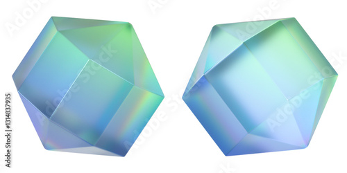 Set of iridescent geometric hexagonal shapes with smooth glossy reflections, isolated, 3d render shape, png