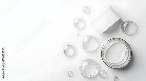 White Moisturizing Cream or Gel Surrounded By Transparent Gel Drops On A White Background With Copy Space