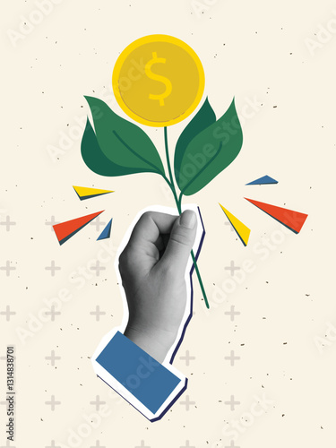 A hand holds a dollar tree. Modern collage style. Vector illustration