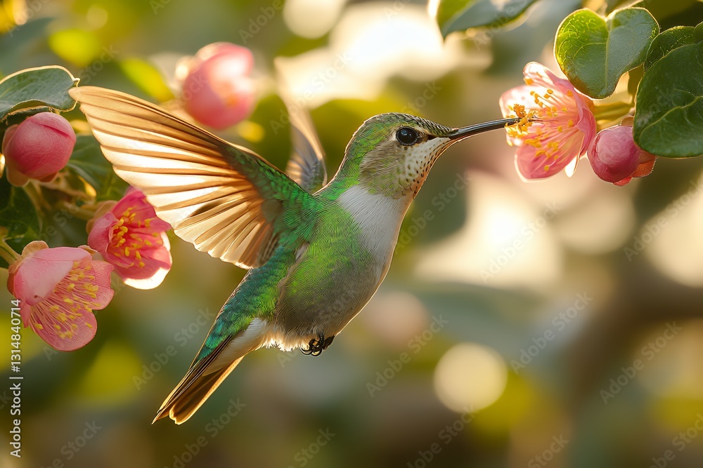 Fototapeta premium Hummingbird Feeding on Pink Flowers Amidst Natural Backdrop