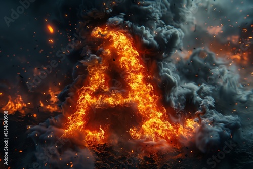 An artistic representation of the letter 'A' engulfed in flames against a dramatic smoky backdrop. photo