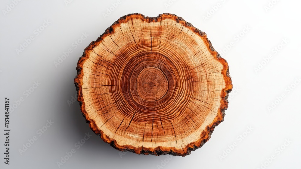 Cross section of tree trunk showing growth rings on white background Cross section of tree trunk showing growth rings on white background