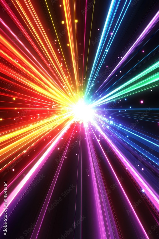 Obraz premium Vibrant Spectrum of Light Rays Radiating from a Central Point in a Dark Backdrop Creating a Dynamic and Energetic Visual Effect