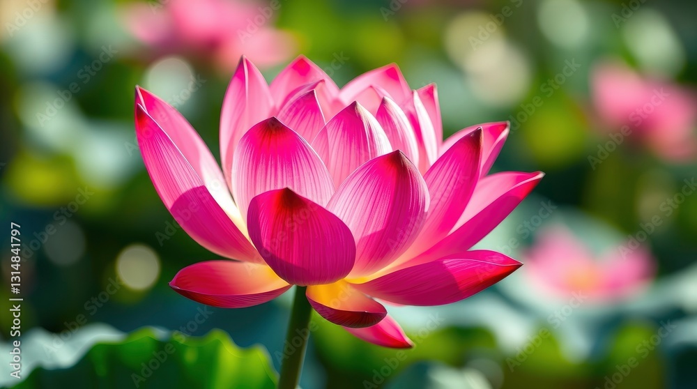 Vibrant Pink Lotus Flower Blooming in a Peaceful Pond Setting Vibrant Pink Lotus Flower Blooming in a Peaceful Pond Setting