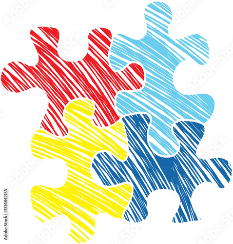 Autism Awareness Day icon. Puzzle with colored pencil scribbles isolated on transparent background