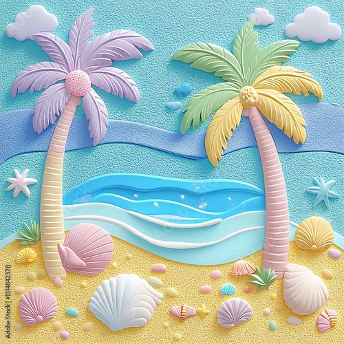 colorful sand collage with lots of small 3d looking beach elements, like shells, palm  tree shaped panels in varied colors