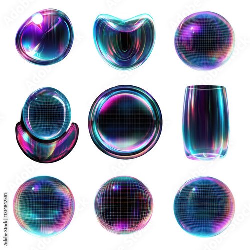 Colorful Abstract Shapes with Glowing Effects and Grid Patterns