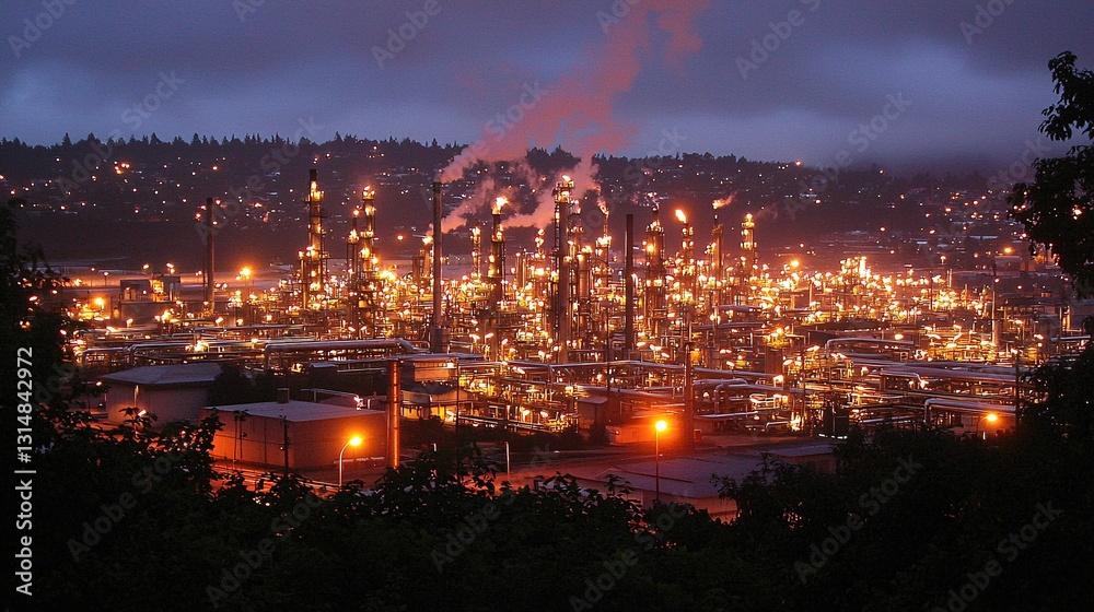 Naklejka premium bustling oil refinery at night, with bright lights illuminating the complex network of pipes and towers. 